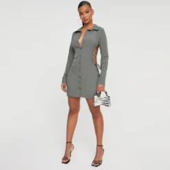 EGO Long Sleeve Lace Up Side Detail Mini Shirt Dress In Khaki -The Perla Dress Sales Store 29 11 22 pam30892 copy scaled