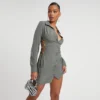 EGO Long Sleeve Lace Up Side Detail Mini Shirt Dress In Khaki -The Perla Dress Sales Store 29 11 22 pam30924 copy scaled