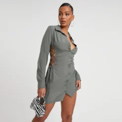 EGO Long Sleeve Lace Up Side Detail Mini Shirt Dress In Khaki