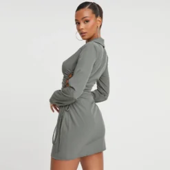 EGO Long Sleeve Lace Up Side Detail Mini Shirt Dress In Khaki -The Perla Dress Sales Store 29 11 22 pam30930 copy scaled