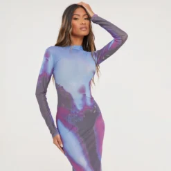 EGO Long Sleeve Body Print Maxi Dress In Blue Multi Mesh -The Perla Dress Sales Store 31 01 23 unya51590 s scaled