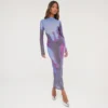 EGO Long Sleeve Body Print Maxi Dress In Blue Multi Mesh
