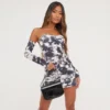 EGO Sweetheart Neck Ruched Detail Mini Bodycon Dress With Sleeves In Grey Acid Print