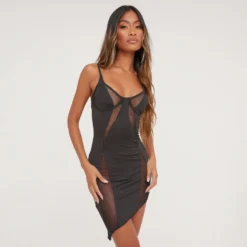 EGO Thin Straps Mesh Insert Detail Asymmetric Mini Bodycon Dress In Black