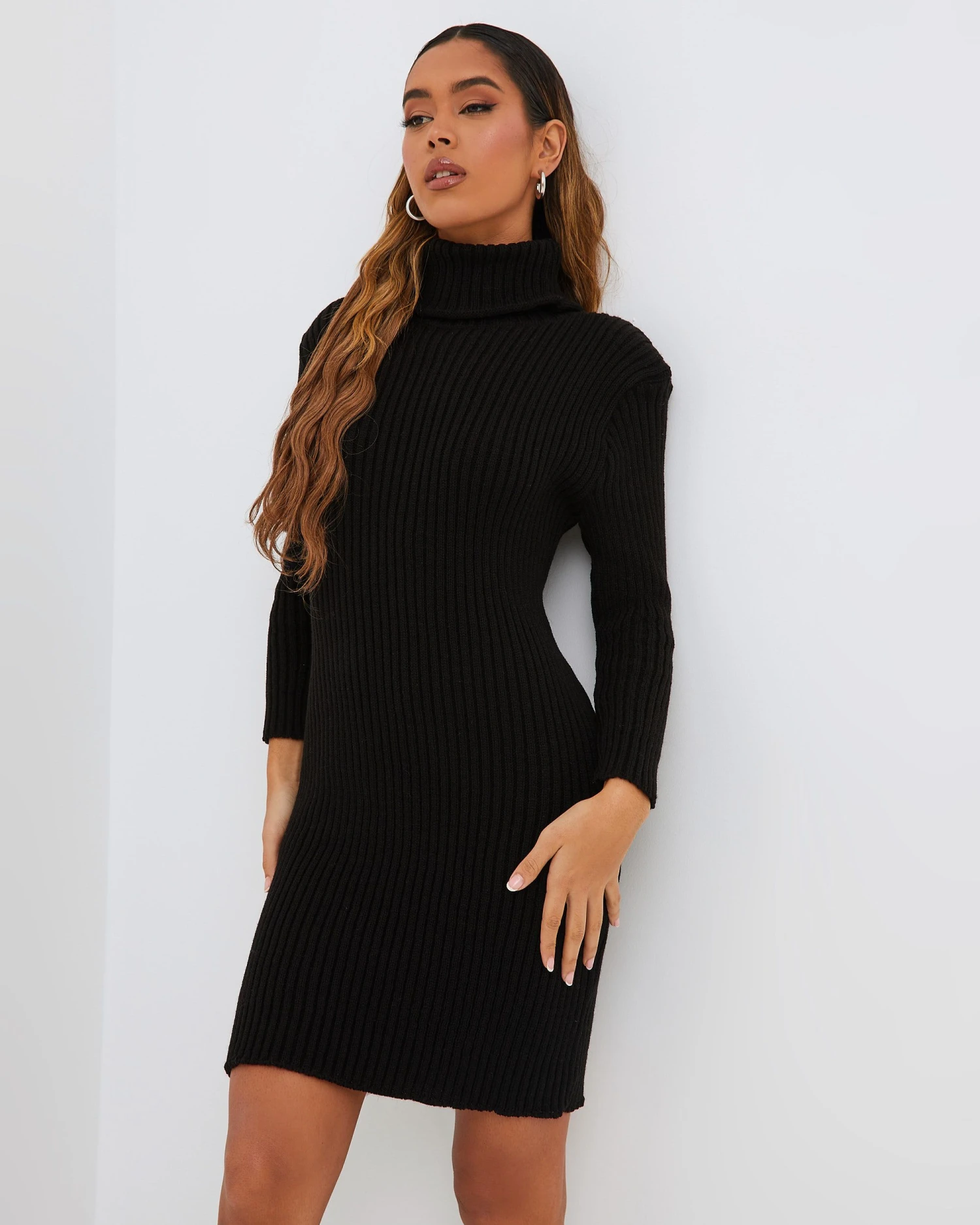 EGO Knitted Roll Neck Mini Dress In Black