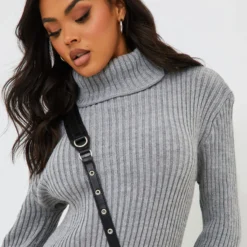EGO Knitted Roll Neck Mini Dress In Grey -The Perla Dress Sales Store clf096 gy 2 scaled