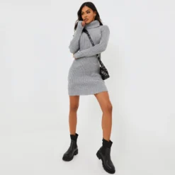 EGO Knitted Roll Neck Mini Dress In Grey -The Perla Dress Sales Store clf096 gy 4 scaled
