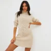 EGO Knitted Roll Neck Mini Dress In Stone Nude