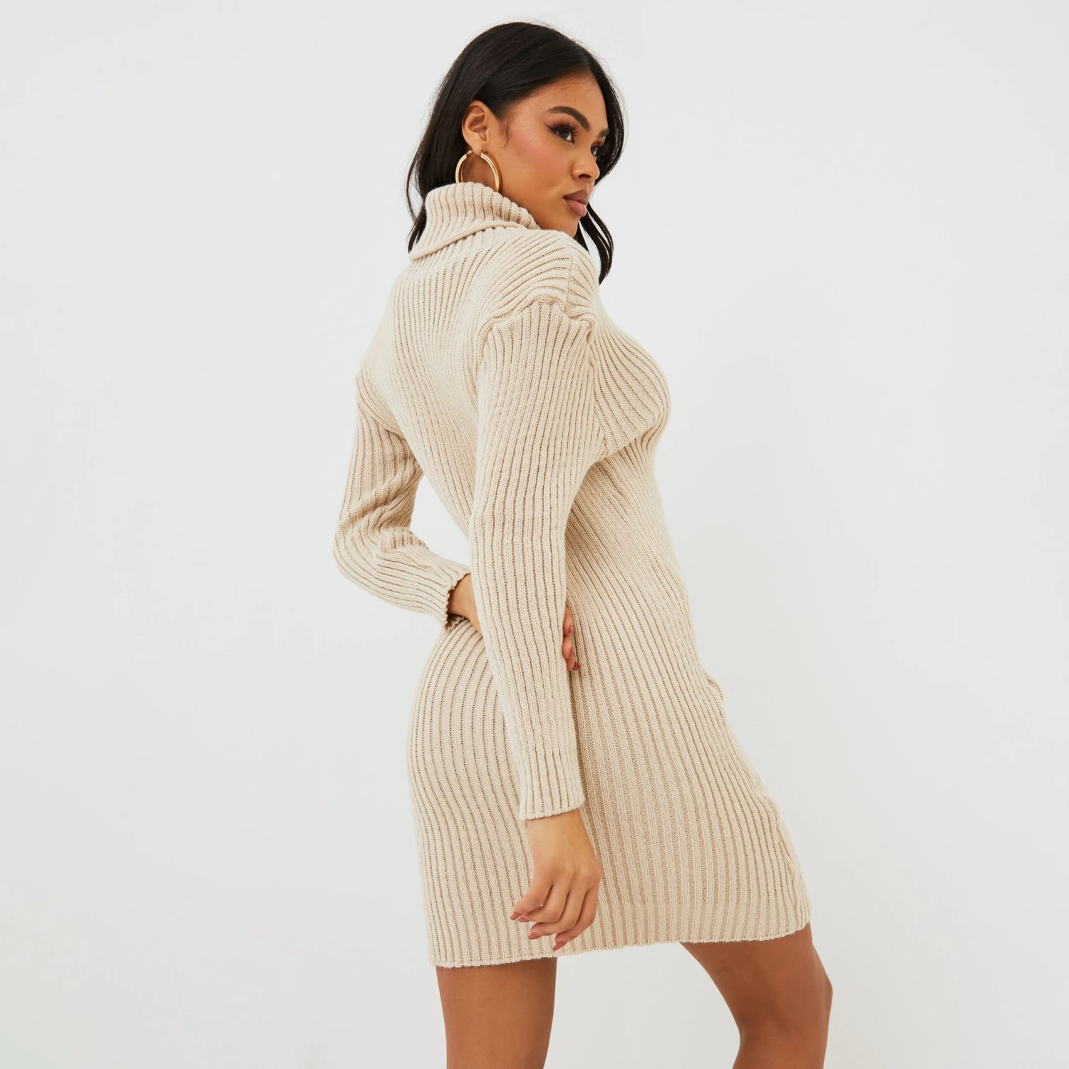 EGO Knitted Roll Neck Mini Dress In Stone Nude 6 EGO Knitted Roll Neck Mini Dress In Stone Nude - Image 4