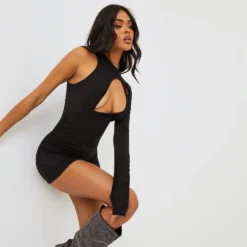 EGO Cut Out Ruched Detail Mini Bodycon Dress In Black Slinky -The Perla Dress Sales Store clg508 bk 1 1 scaled