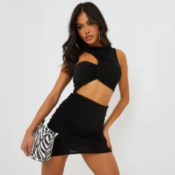 EGO High Neck Cut Out Ruched Detail Mini Bodycon Dress In Black Textured Slinky