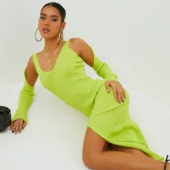 EGO Long Sleeve Strappy Detail Front Split Midi Bodycon Dress In Lime Green Ribbed Knit -The Perla Dress Sales Store clh149 lm 4 scaled
