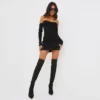 EGO Bardot Long Sleeve Cup Detail Mini Bodycon Dress In Black Ribbed Knit -The Perla Dress Sales Store clh239 bk 3 scaled