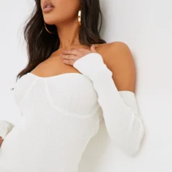 EGO Bardot Long Sleeve Cup Detail Mini Bodycon Dress In Cream Ribbed Knit -The Perla Dress Sales Store clh239 cr 2 scaled