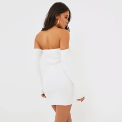 EGO Bardot Long Sleeve Cup Detail Mini Bodycon Dress In Cream Ribbed Knit -The Perla Dress Sales Store clh239 cr 3 scaled