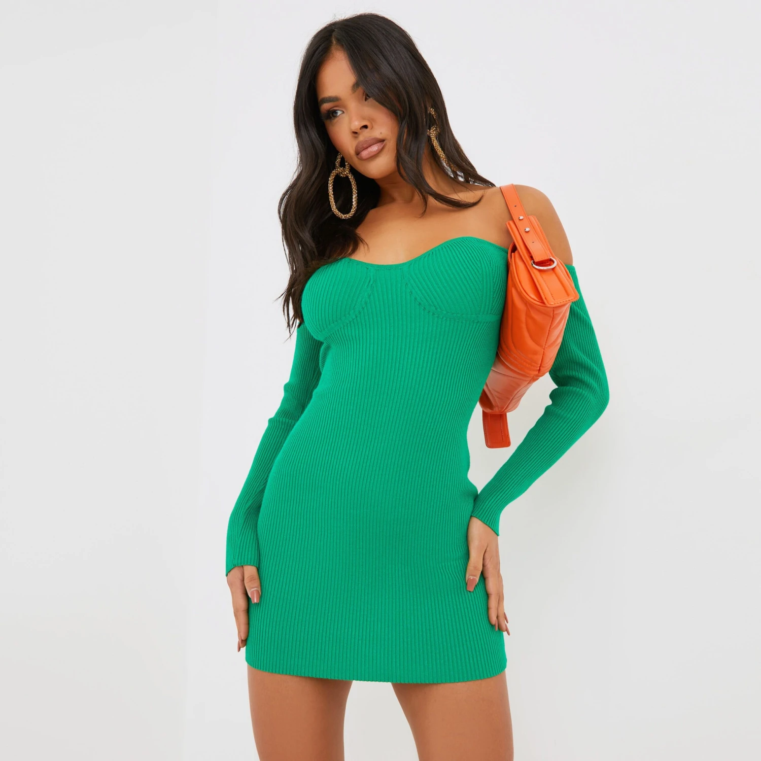 EGO Bardot Long Sleeve Cup Detail Mini Bodycon Dress In Green Ribbed Knit 3 EGO Bardot Long Sleeve Cup Detail Mini Bodycon Dress In Green Ribbed Knit