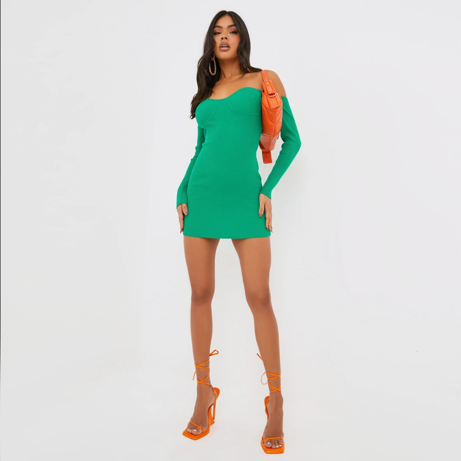 EGO Bardot Long Sleeve Cup Detail Mini Bodycon Dress In Green Ribbed Knit 6 EGO Bardot Long Sleeve Cup Detail Mini Bodycon Dress In Green Ribbed Knit - Image 4