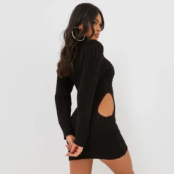 EGO High Neck Long Sleeve Cut Out Detail Mini Bodycon Dress In Black Chunky Cable Knit -The Perla Dress Sales Store clh288 bk 4 scaled