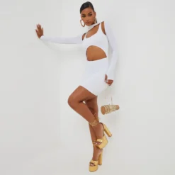 EGO Long Sleeve Cross Strap Cut Out Detail Mini Bodycon Dress In White Slinky -The Perla Dress Sales Store makeup around neck 2 scaled