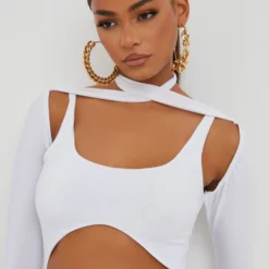 EGO Long Sleeve Cross Strap Cut Out Detail Mini Bodycon Dress In White Slinky -The Perla Dress Sales Store makeup around neck 4 scaled