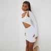 EGO Long Sleeve Cross Strap Cut Out Detail Mini Bodycon Dress In White Slinky -The Perla Dress Sales Store makeup around neck 6 scaled