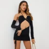EGO Long Sleeve Cut Out Ruched Detail Halterneck Mini Bodycon Dress In Black Slinky