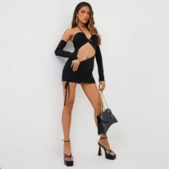 EGO Long Sleeve Cut Out Ruched Detail Halterneck Mini Bodycon Dress In Black Slinky -The Perla Dress Sales Store today 01 09 2215675 sq scaled
